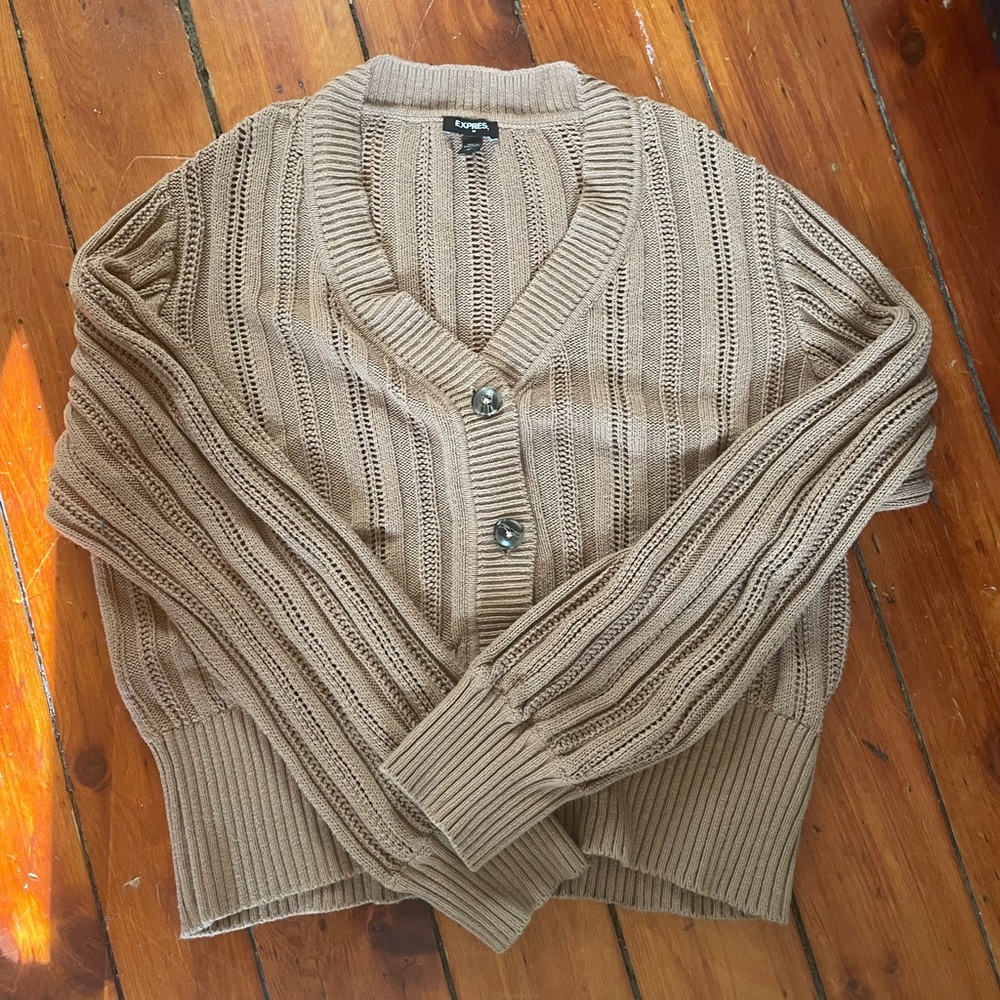 100% cotton Express Tan Cardigan Sweater with Button Accents